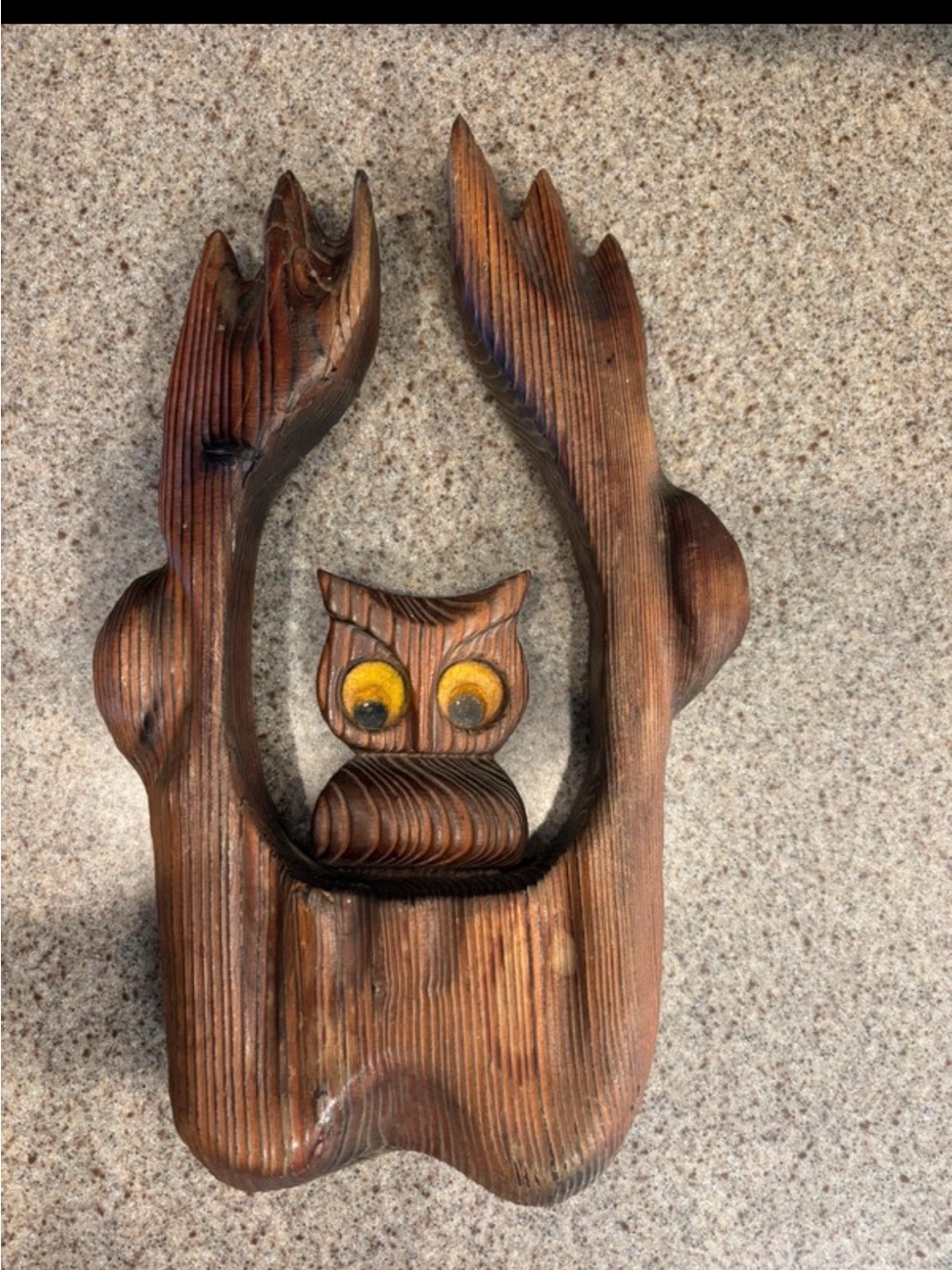 Vintage rustic owl wall art wood carved halloween dark 70’s